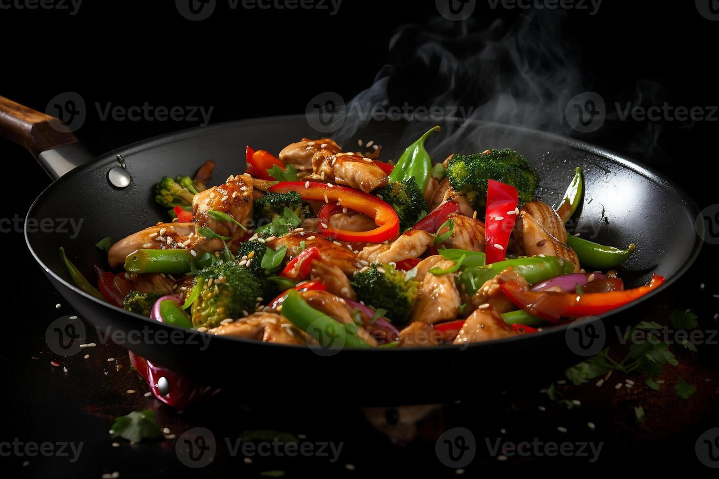 AI generated stir-fried chicken with vegetables in a wok on dark background photo