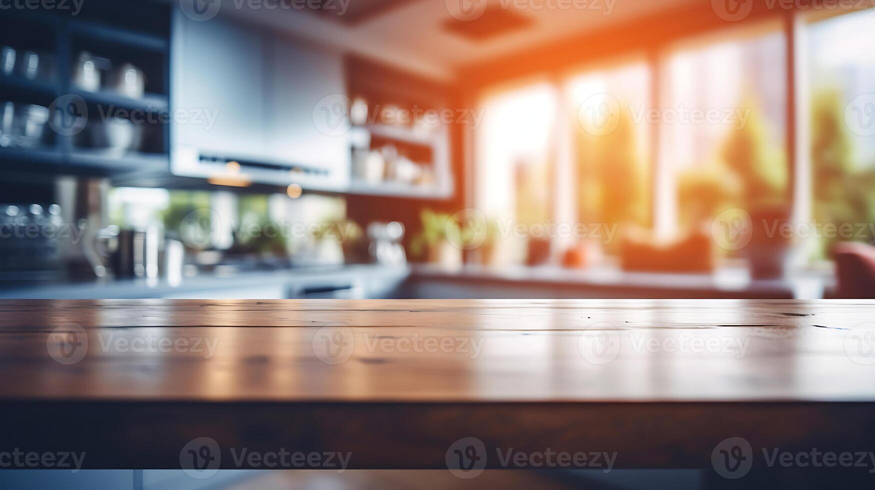 AI generated Table Top And Blur Interior of Modern Kitchen. 3d Rendering photo
