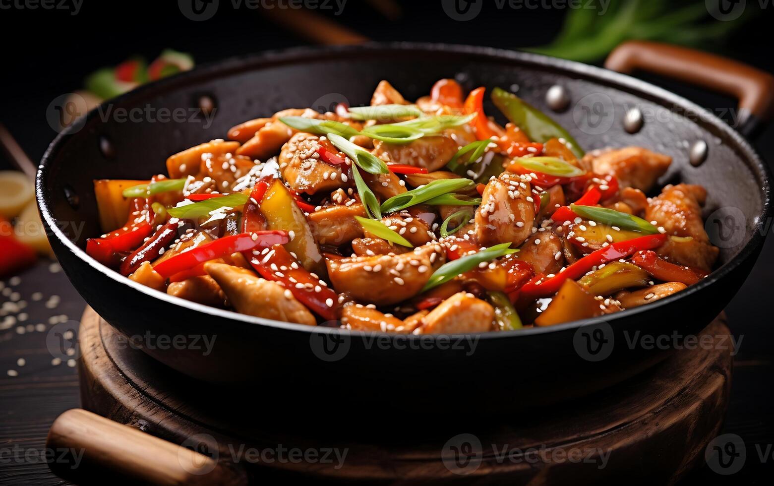 AI generated stir-fried chicken with vegetables in a wok on dark background photo