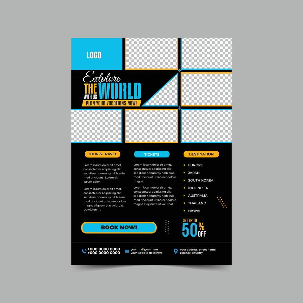 Travel Flyer Layout with orange and Blue Accents. sky blue Travel flyer template for travel agency vector