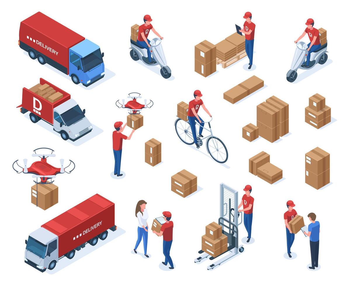 Isometric couriers, delivery service workers and logistic transport. Parcels delivery logistic truck, delivery man, boxes vector illustration set. Delivery service 3d elements