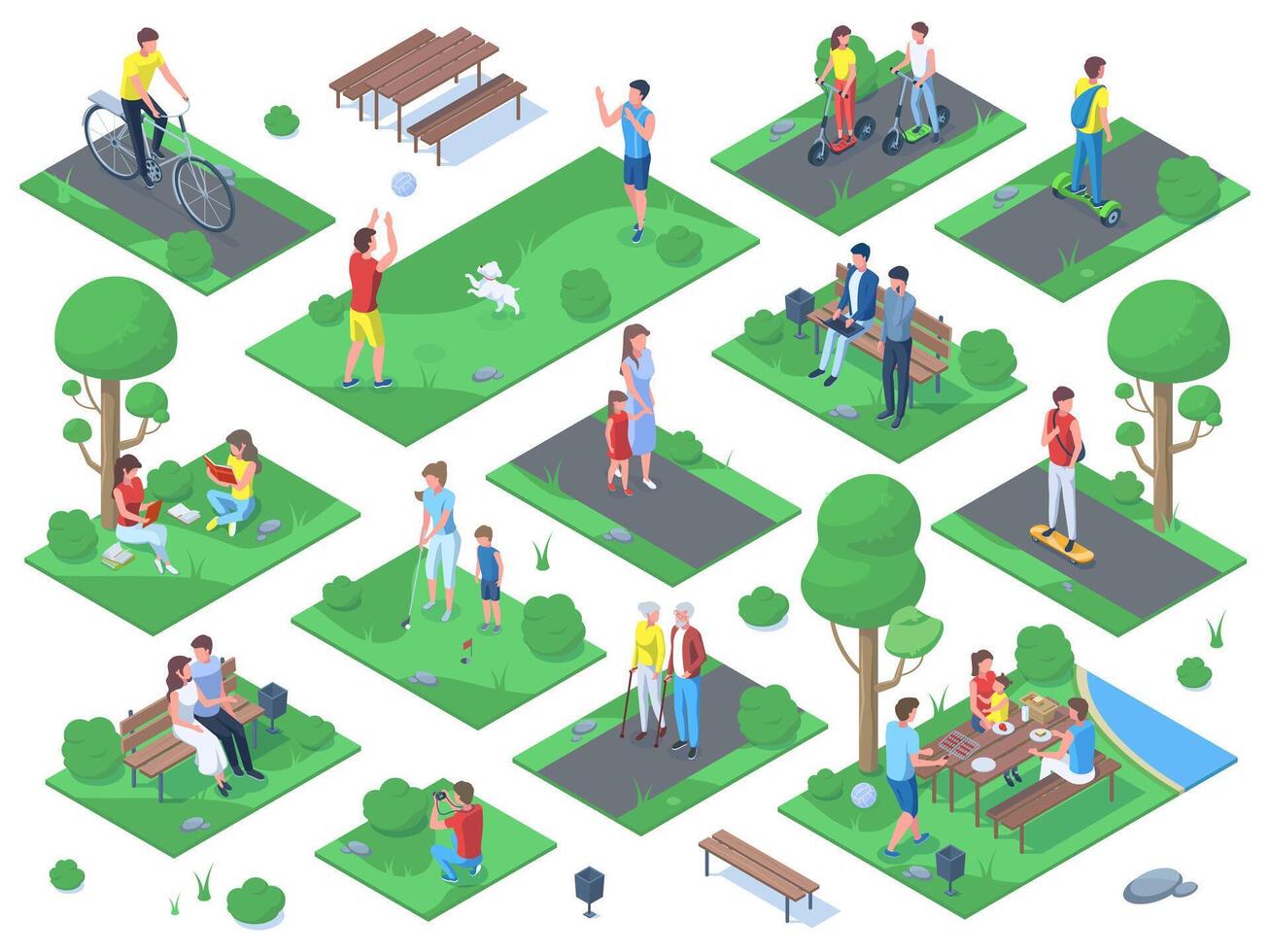 Isometric people walking, jogging, sitting on bench in city park. Park outdoor activity, summer active recreations vector illustration set. People in city park