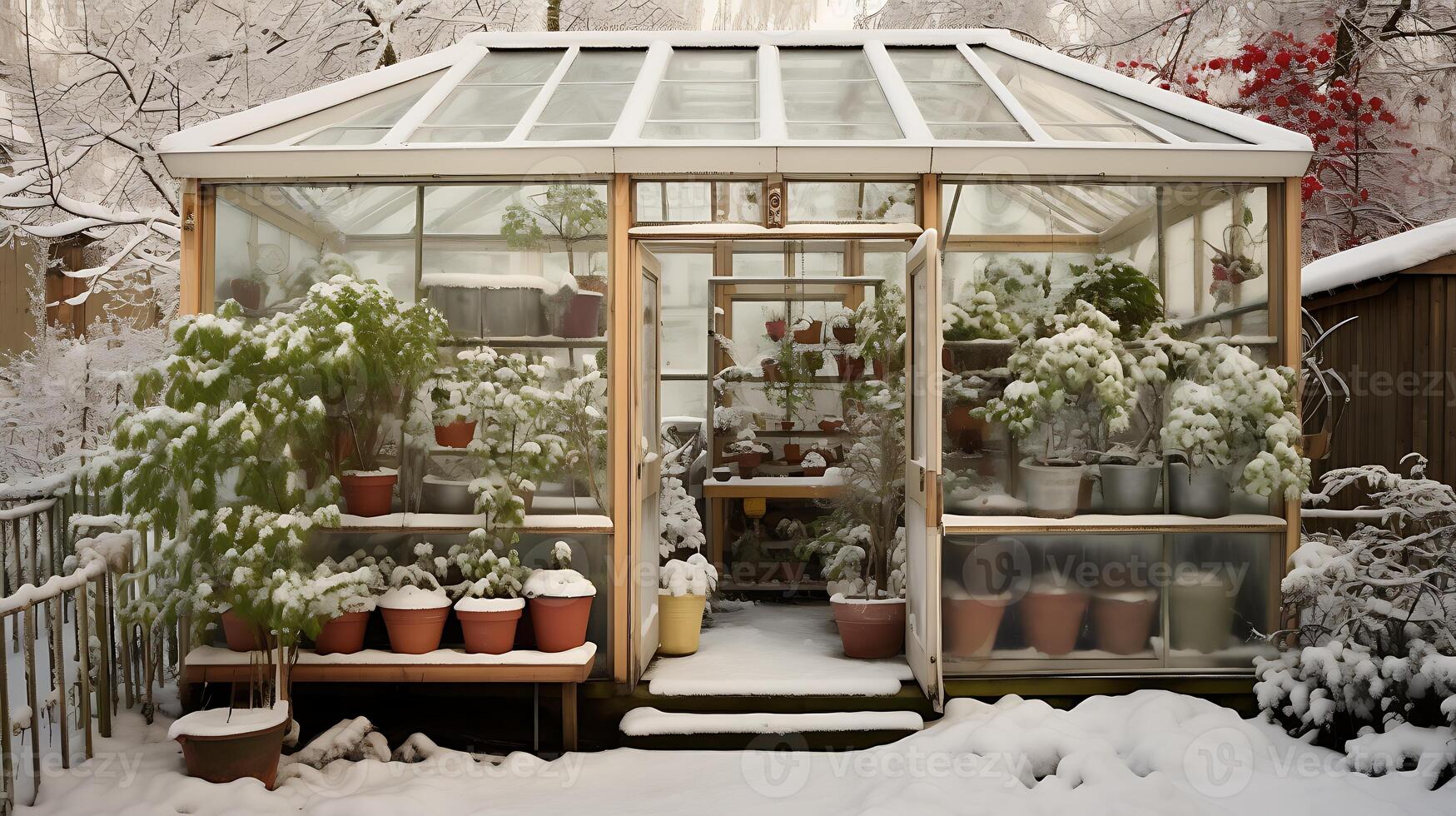 ai generado nieve cubierto arboles y verde casa en el jardín después un nevada foto
