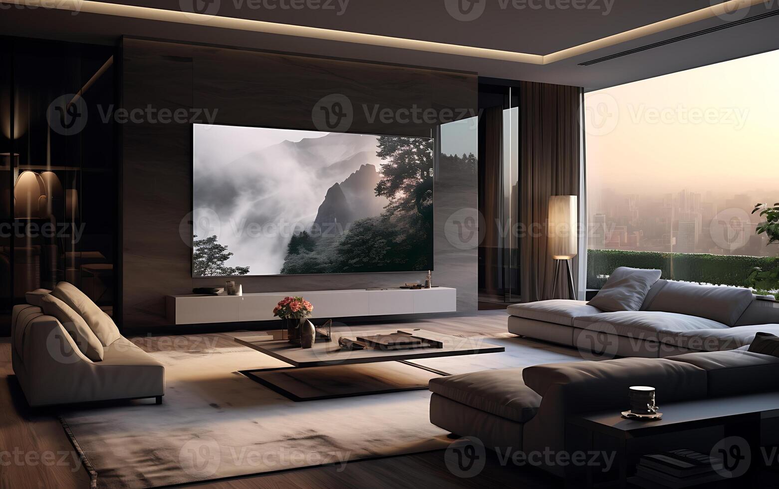 ai generado 3d representación lujo y moderno vivo habitación con televisión conjunto en pared foto