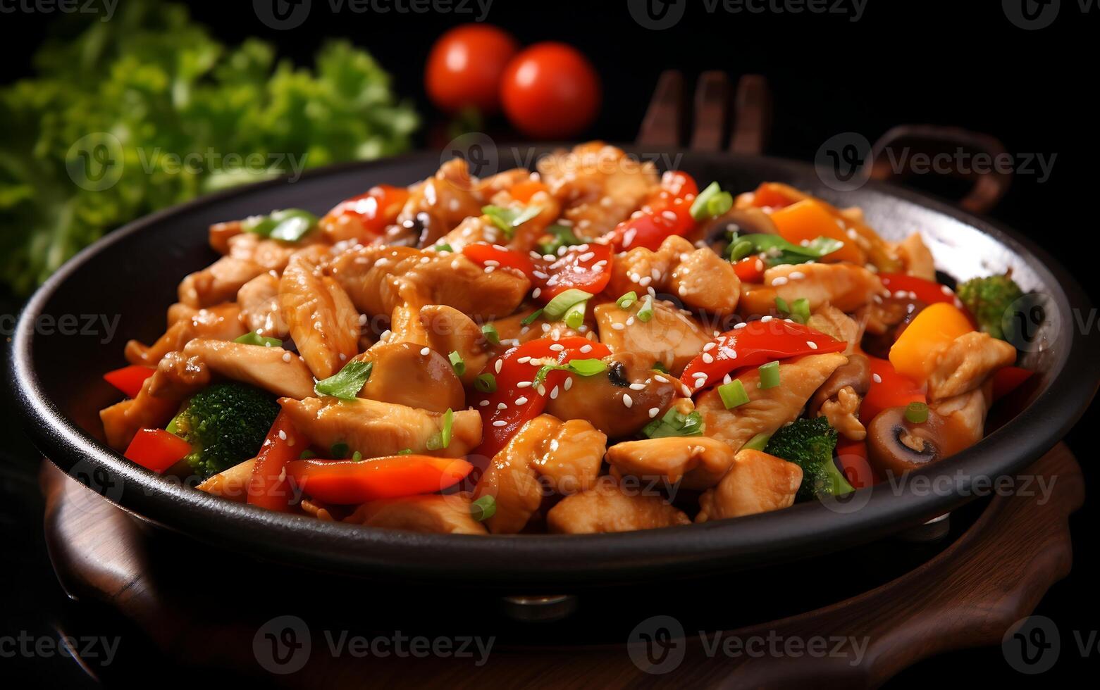 AI generated stir-fried chicken with vegetables and sesame on wooden background photo