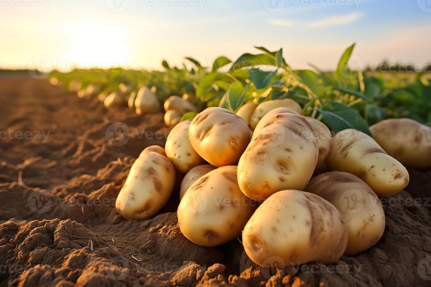 AI generated Harvested white carrots on the field in the rays of the setting sun photo
