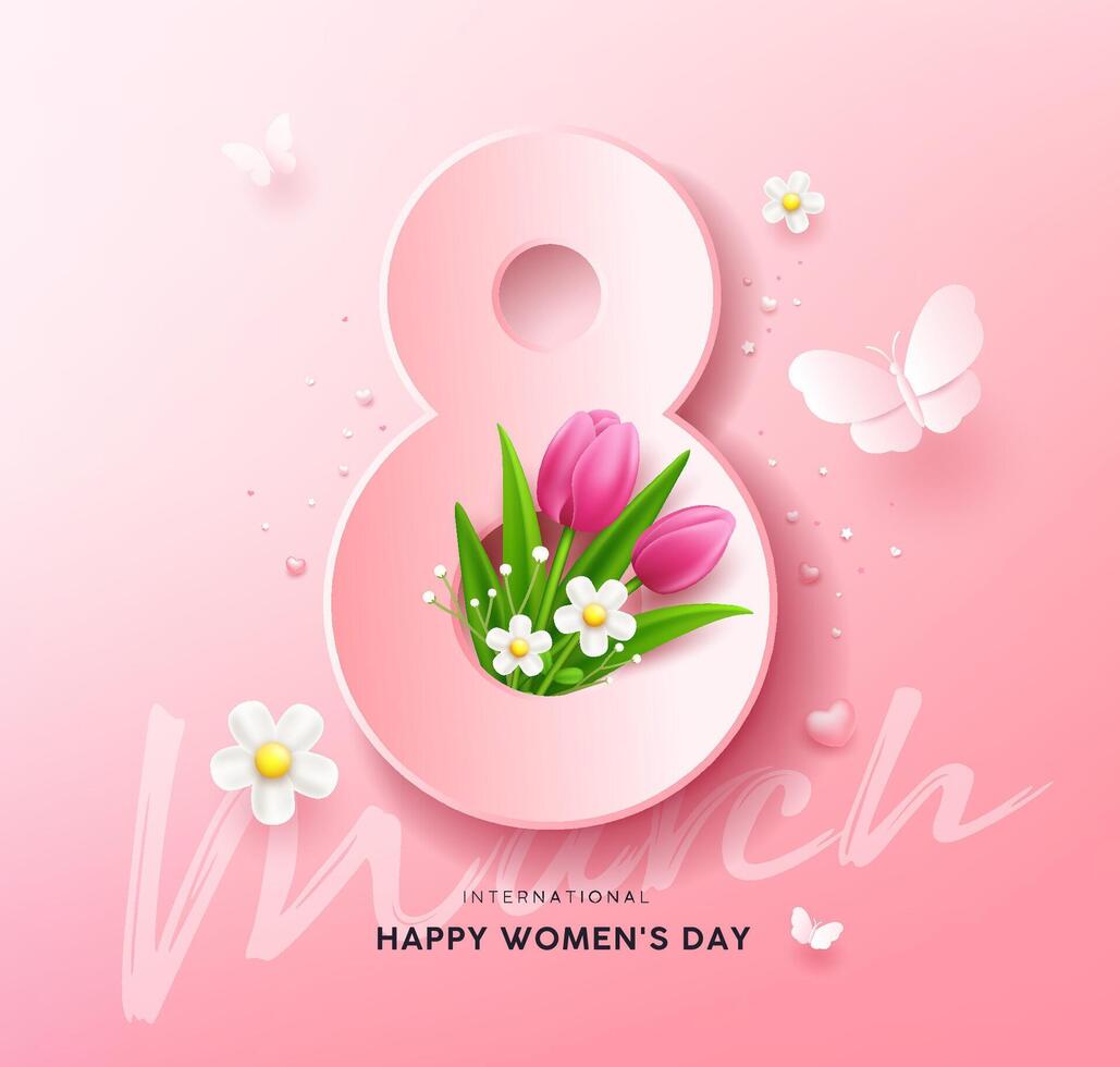8 marzo, contento De las mujeres día con tulipán flores y mariposa, póster diseño en rosado fondo, eps10 vector ilustración.