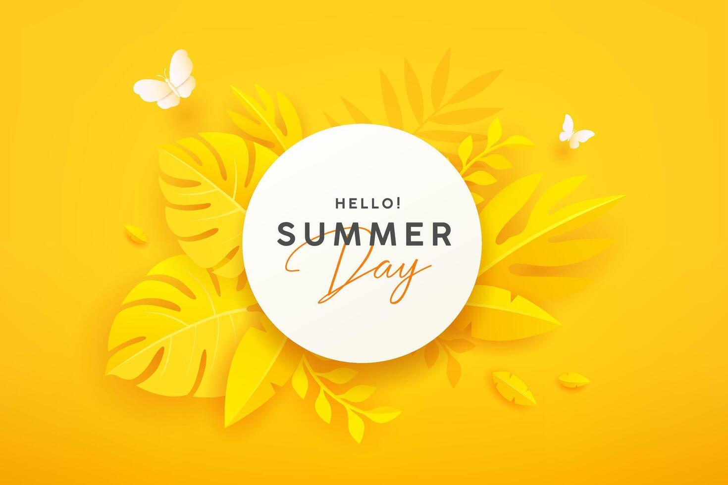 Hello Summer, yellow leaf paper cut shape, and white butterfly, white paper circle banner design on yellow background. EPS 10 Vector illustration