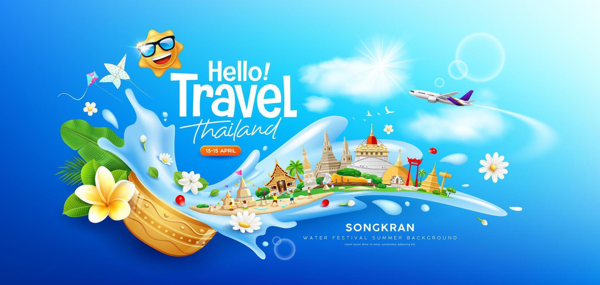 Songkran water festival travel thailand, flowers in a water bowl water splashing, Thailand tourism architecture, banner design on cloud and sky blue background, EPS 10 vector illustration