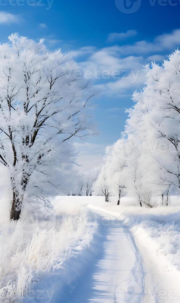ai generado hermosa invierno paisaje con la carretera y arboles cubierto con escarcha foto