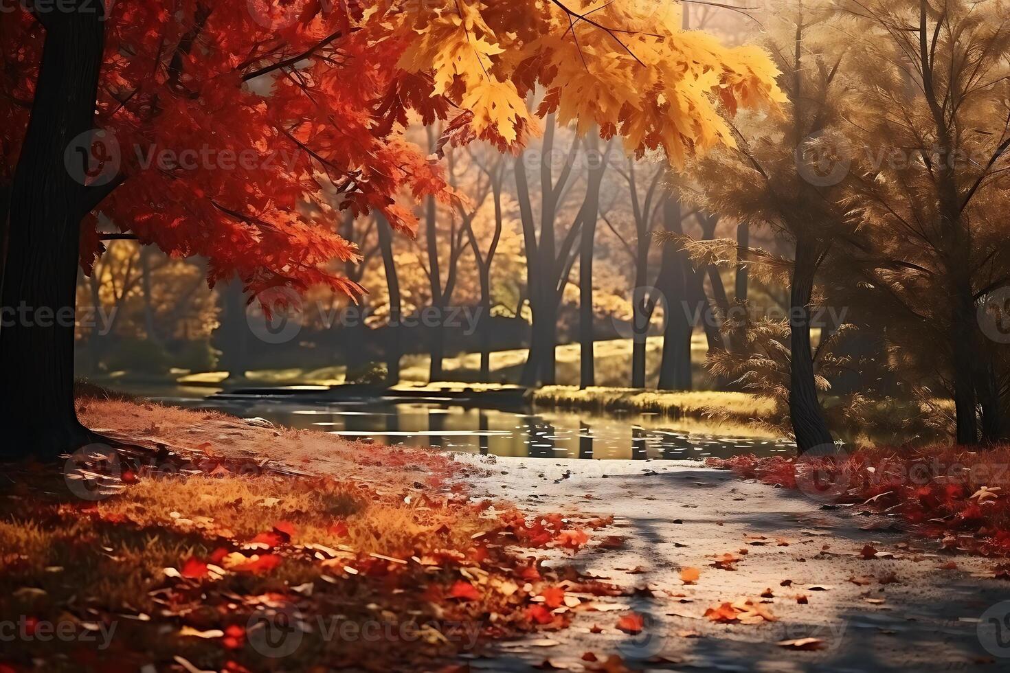 AI generated Autumn park alley with fallen leaves and bench in foggy morning photo