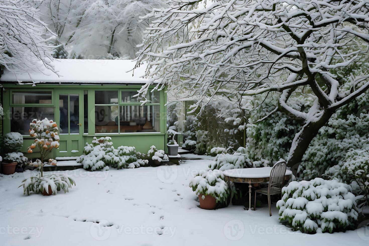 AI generated Beautiful winter landscape with snow-covered trees and a wooden house photo