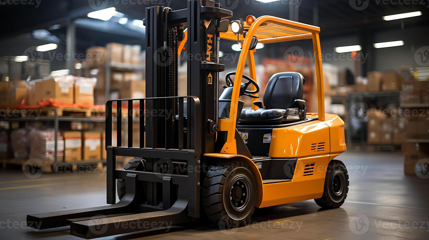 AI generated Forklift loader in warehouse. Forklift loader in warehouse. photo