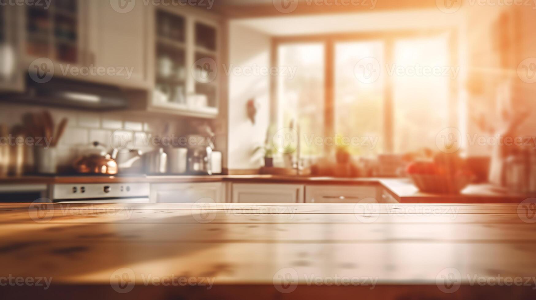 AI generated Glass jars with coffee beans on wooden table in modern kitchen. Blurred background photo