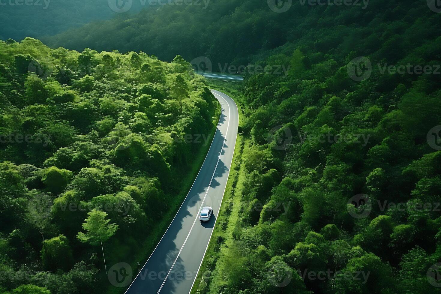AI generated Aerial view of highway in the forest. Top view from drone. photo