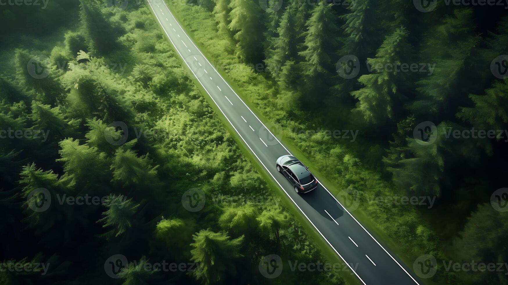 AI generated Highway in the green forest, view from the top of the mountain photo