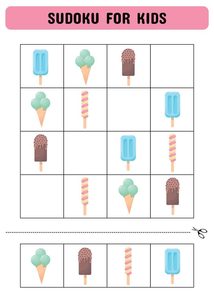 Sudoku for children with ice cream. Kids activity sheet .Fun sudoku puzzle with ice cream illustration. Children educational activity worksheet. vector