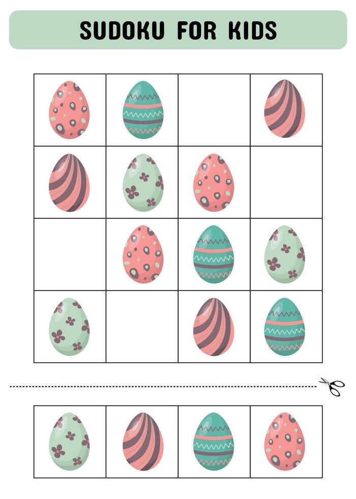 Sudoku for kids with easter eggs. Kids activity sheet. Educational game. vector