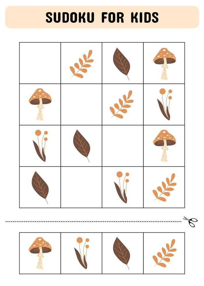 Sudoku for kids Autumn theme. Games for children. Printable pages for preschoolers. vector