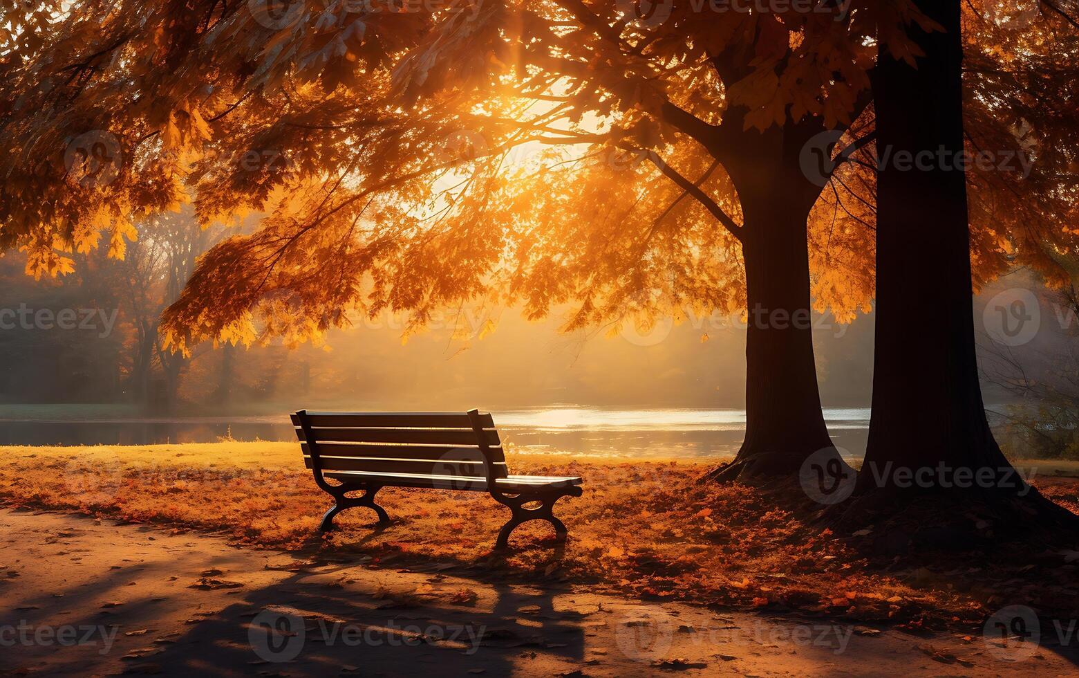 AI generated Wooden bench in the autumn park at sunset. 3d rendering photo