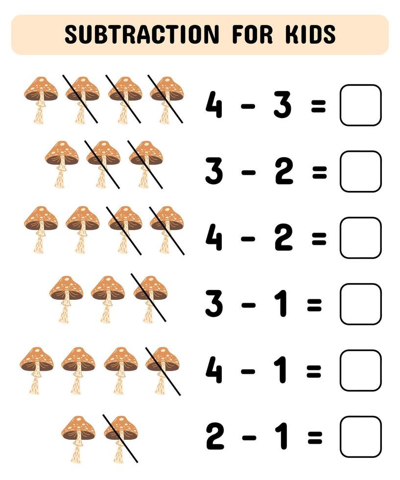 sustracción juego con hongos. contando matemáticas juego para preescolar niños.educativo imprimible matemáticas hoja de cálculo. vector