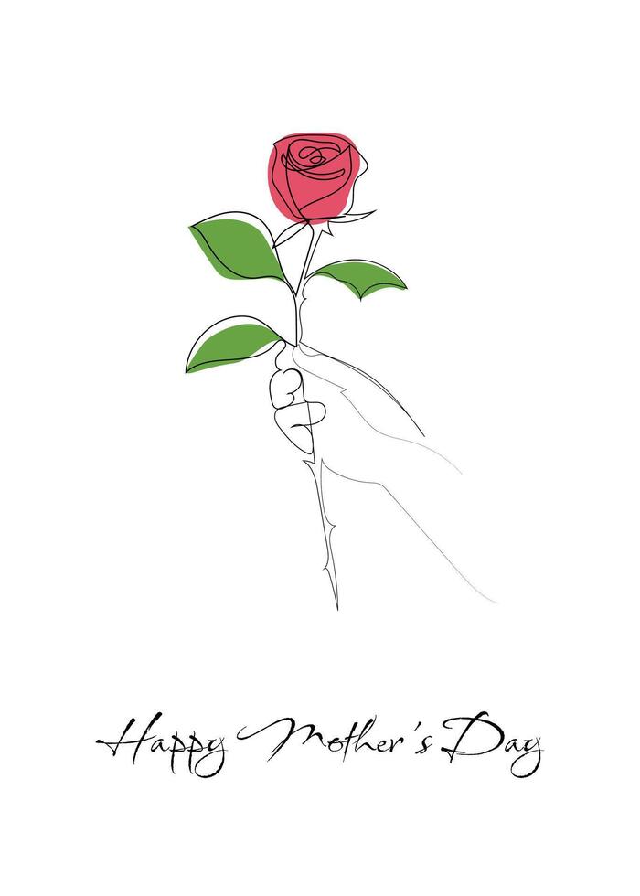 A hand holding a rose in line art style. Happy Mother's Day, vector