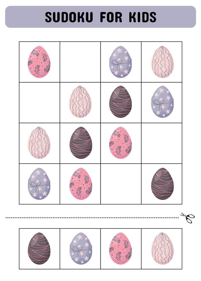 Sudoku for kids with easter eggs. Kids activity sheet. Educational game. vector