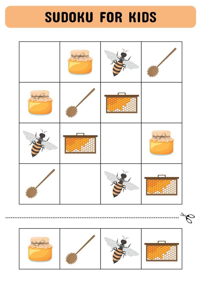 Sudoku for kids with bee.  Games for children. Printable pages for preschoolers vector