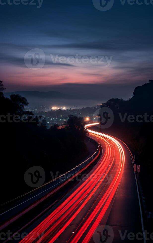 AI generated Highway in the mountains at night with motion blur and blue sky photo
