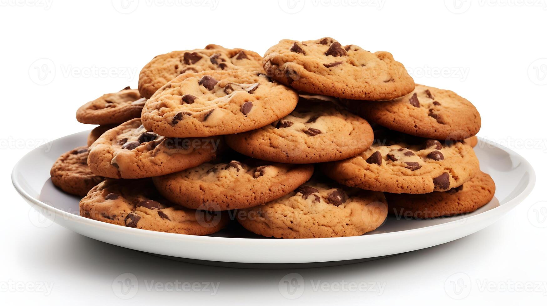 AI generated Chocolate chip cookies on a plate isolated on white background with clipping path photo