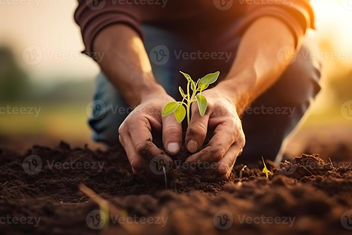 AI generated Close up of farmer hands planting tree seedling in fertile soil at farm photo