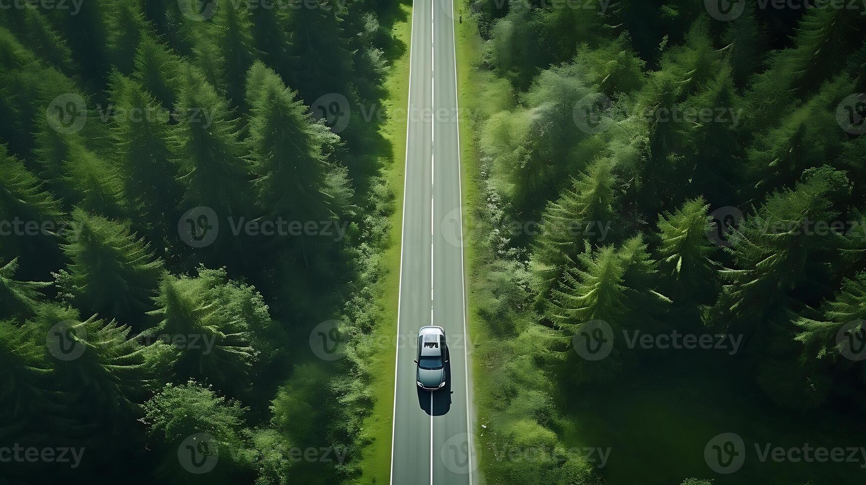 AI generated Car driving on the road through the forest. 3d rendering. photo