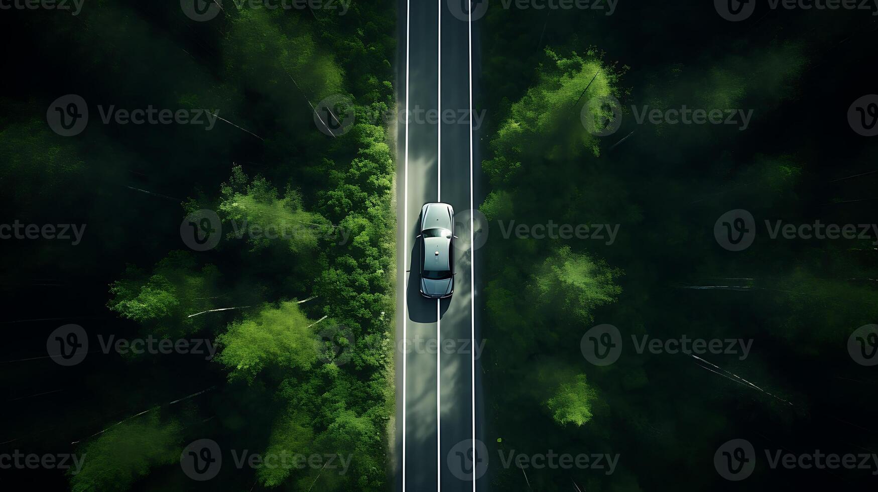 AI generated Car driving on the road through the forest. 3d rendering. photo