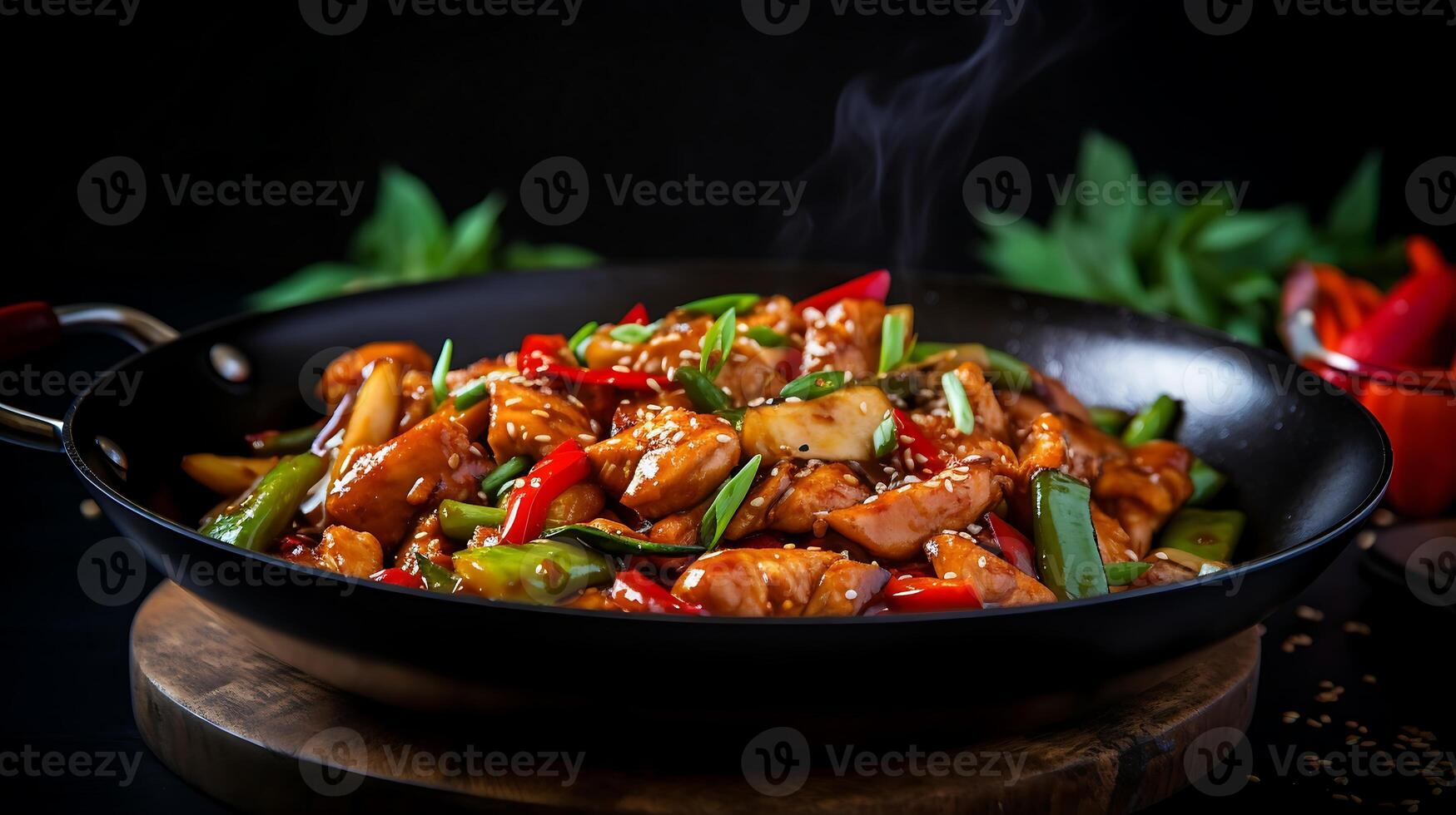 AI generated stir-fried chicken with vegetables and sesame on wooden background photo