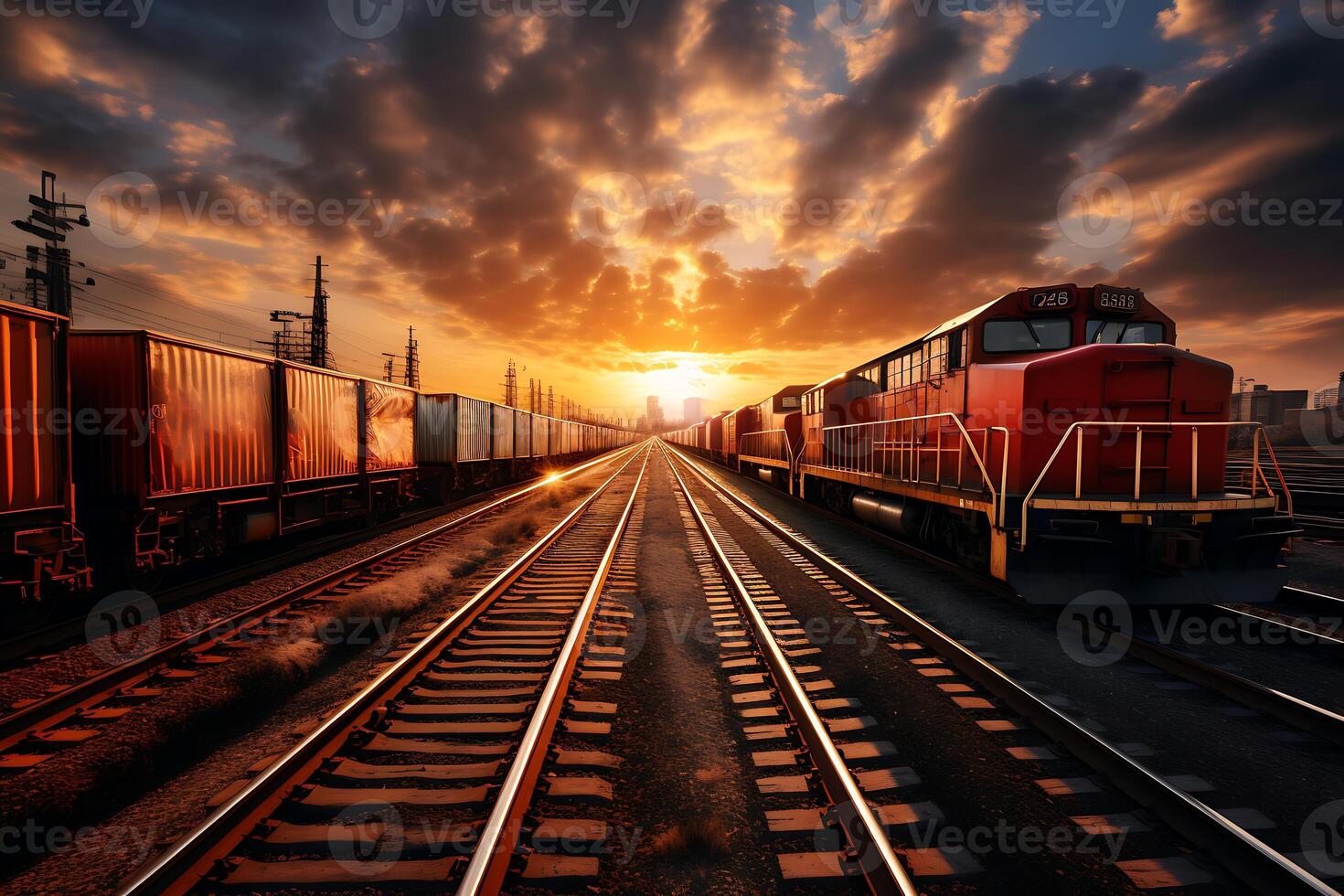 ai generado carga tren a puesta de sol. carga transporte. 3d representación foto