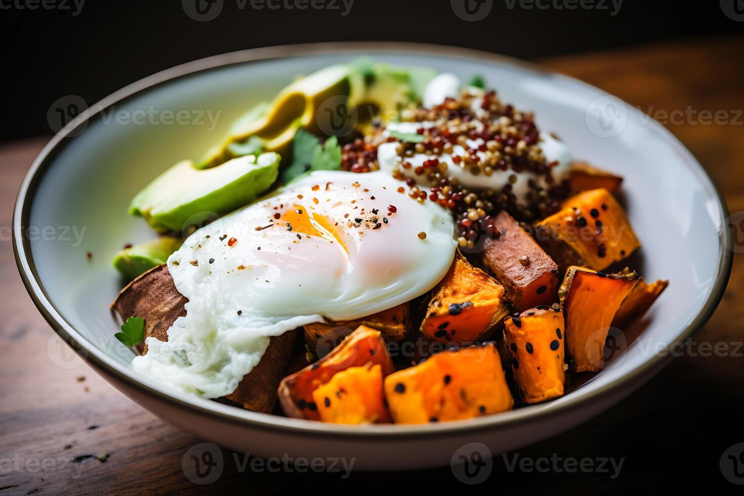 AI generated Baked sweet potato with poached egg in a bowl on dark wooden background photo