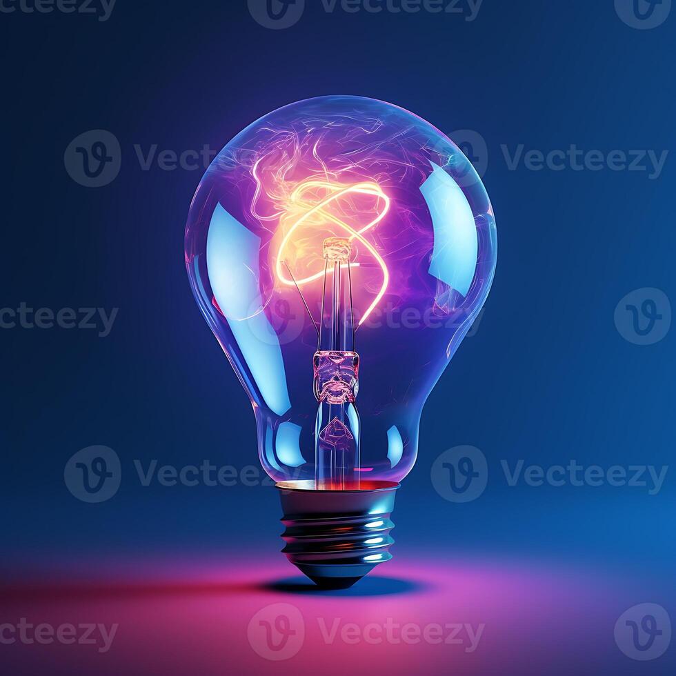 AI generated Glowing electric lightbulb on blue background. 3D rendering lamp photo