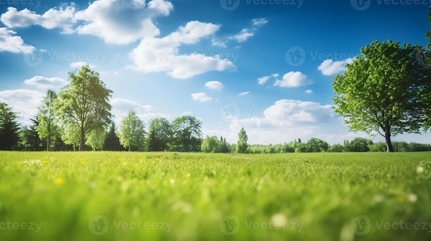 AI generated Green grass in the park with sunlight and bokeh background, shallow depth of field photo