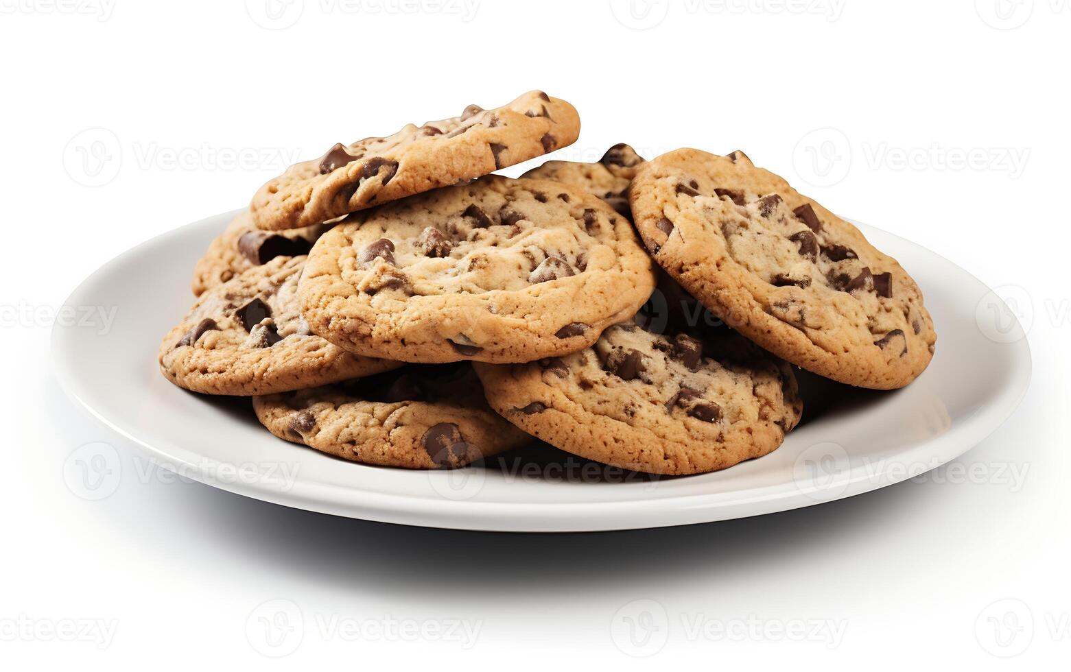 AI generated Chocolate chip cookies on a plate isolated on a white background. photo
