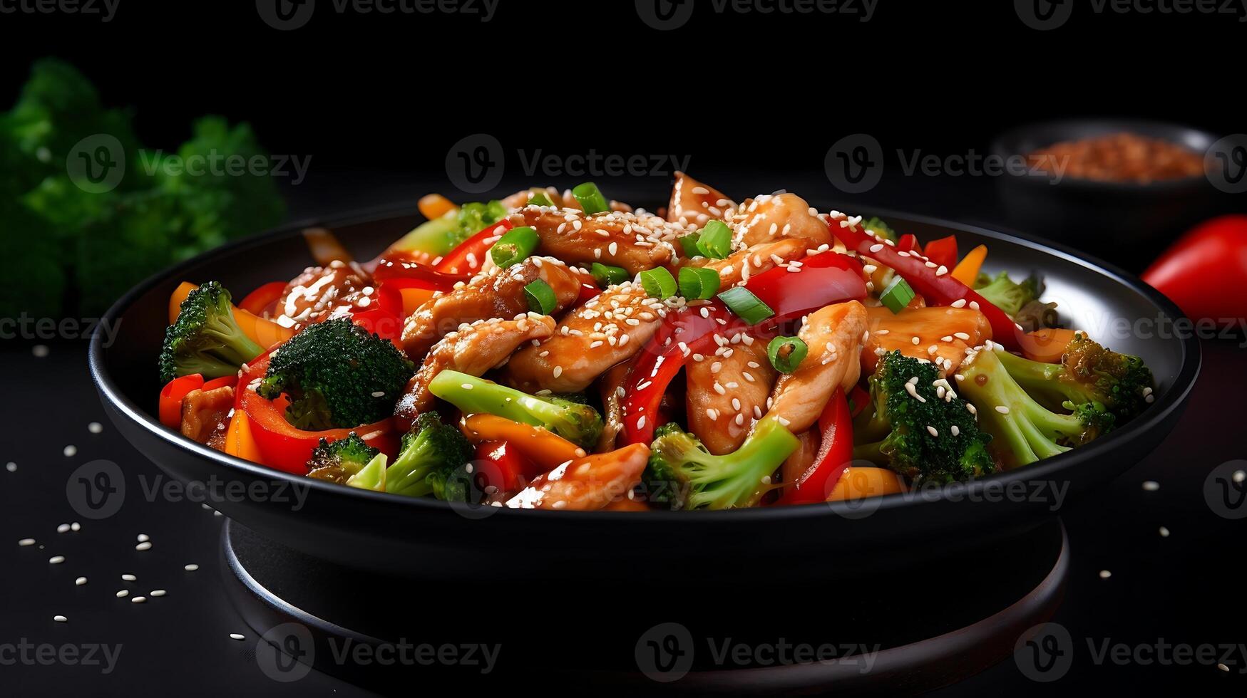 AI generated stir-fried chicken with vegetables and sesame on wooden background photo