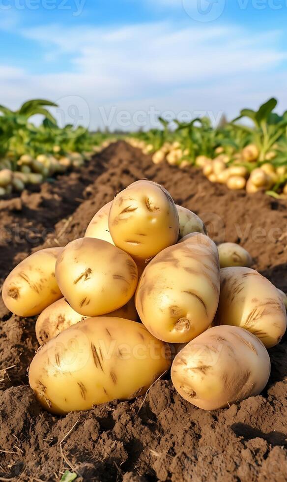 AI generated Harvested potatoes on a field in the rays of the setting sun photo