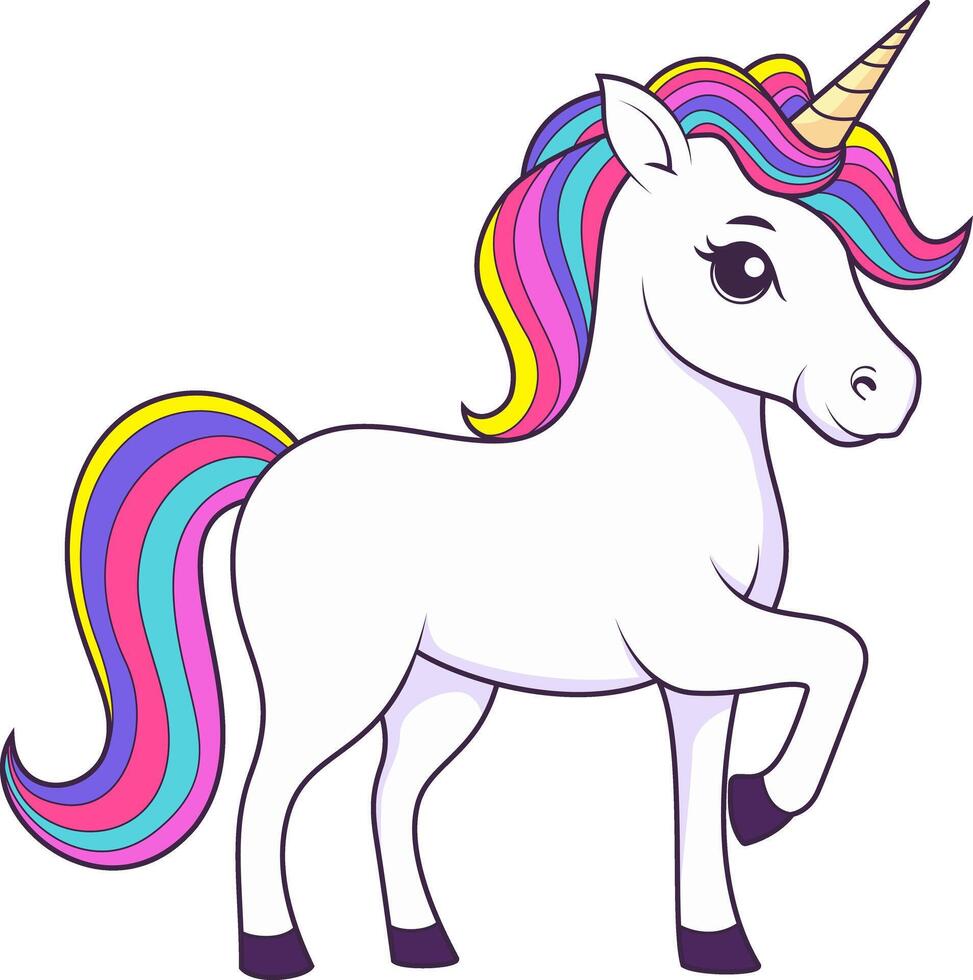 A Cute Cartoon Unicorn with a Rainbow Mane Vector Illustration.