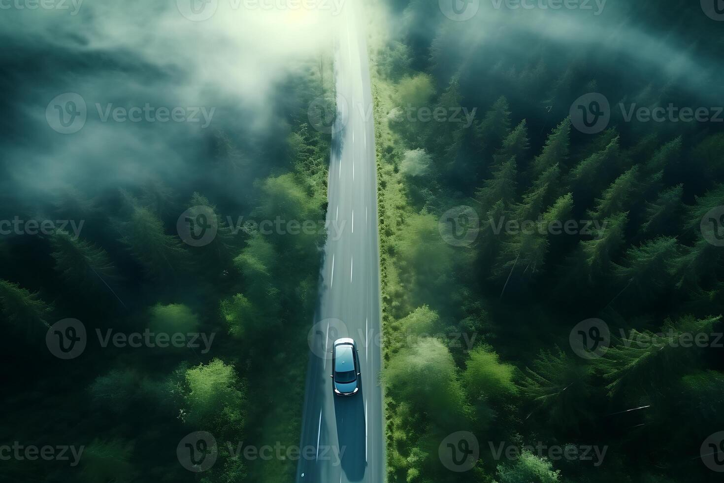 AI generated Aerial view of highway in the forest. Top view from drone. photo