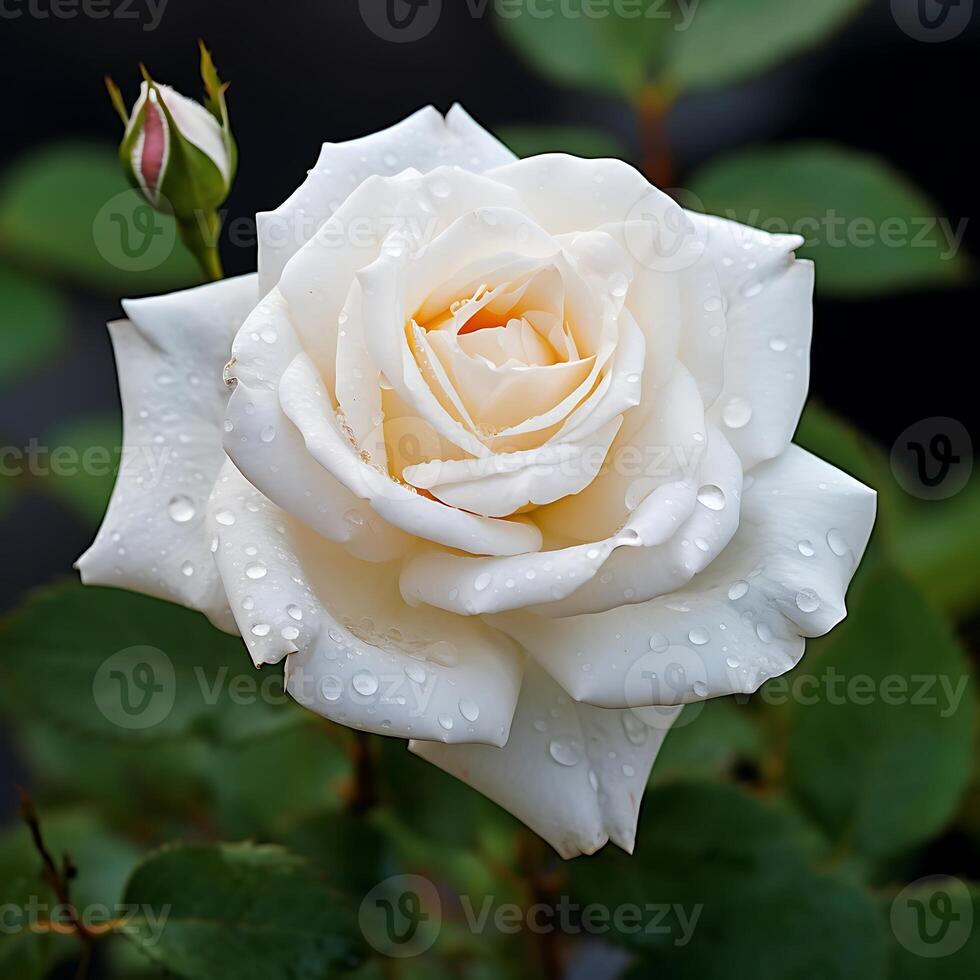 AI generated Beautiful white roses in the garden. Soft focus with shallow depth of field. photo