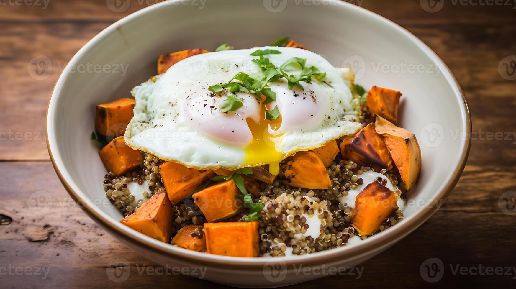 AI generated Baked sweet potato with poached egg in a bowl on dark wooden background photo