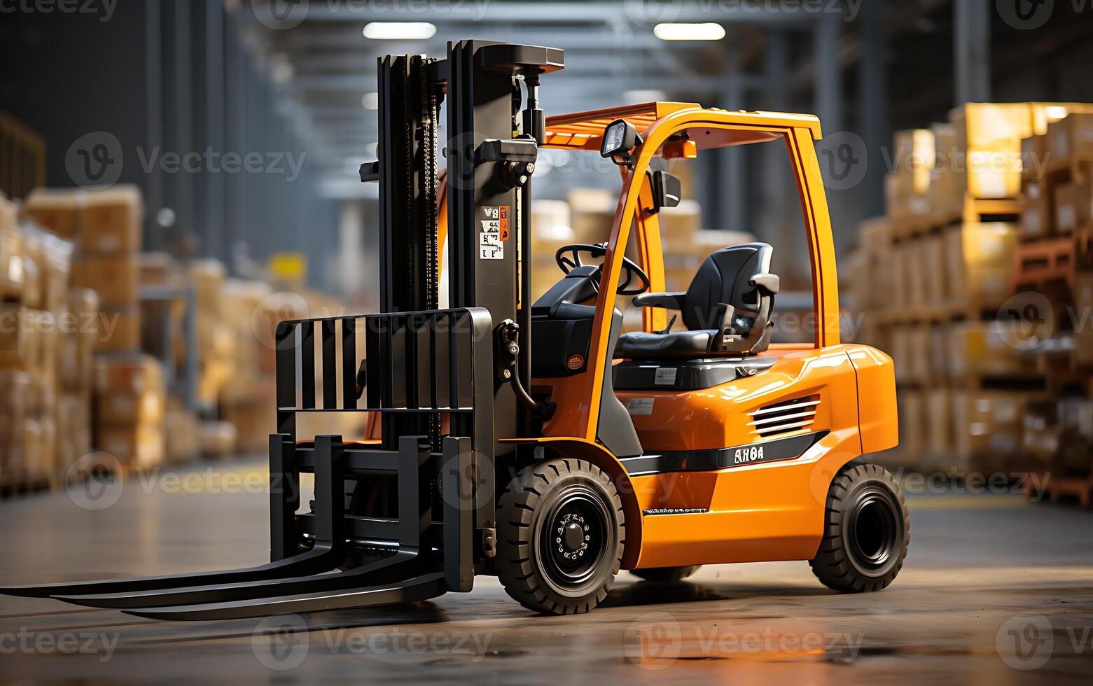 AI generated Forklift loader in warehouse. Forklift loader in warehouse. photo