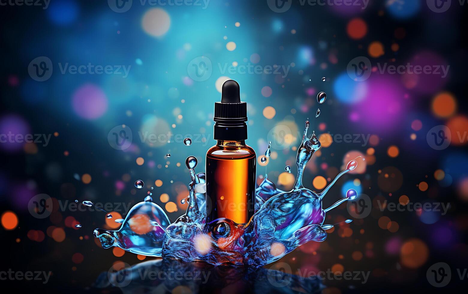 AI generated Cosmetic bottle with pipette and bubbles on dark background. 3d illustration photo