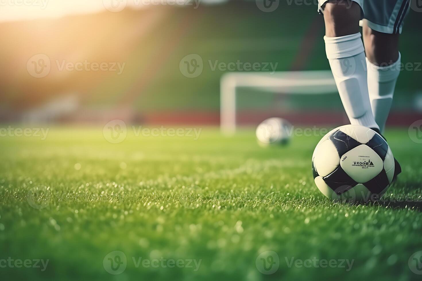 AI generated Closeup of legs of football player standing on the green grass of a soccer stadium photo