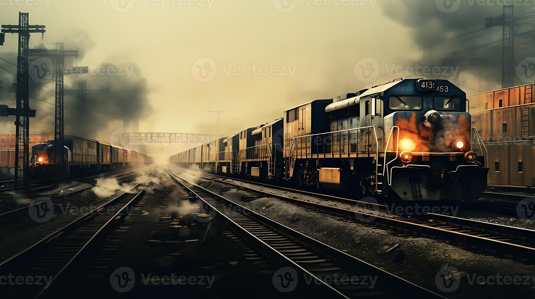 AI generated Railway and freight train at sunset, transportation and logistics concept. photo