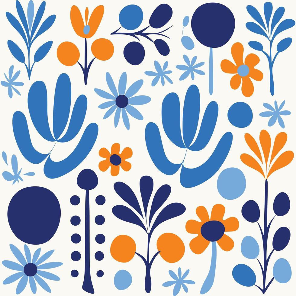 Flowers Blue and White Pattern Fabric, Nature-Inspired Shapes, Bold Graphic Design Elements, Rounded Shapes, Bold Primary Colors vector